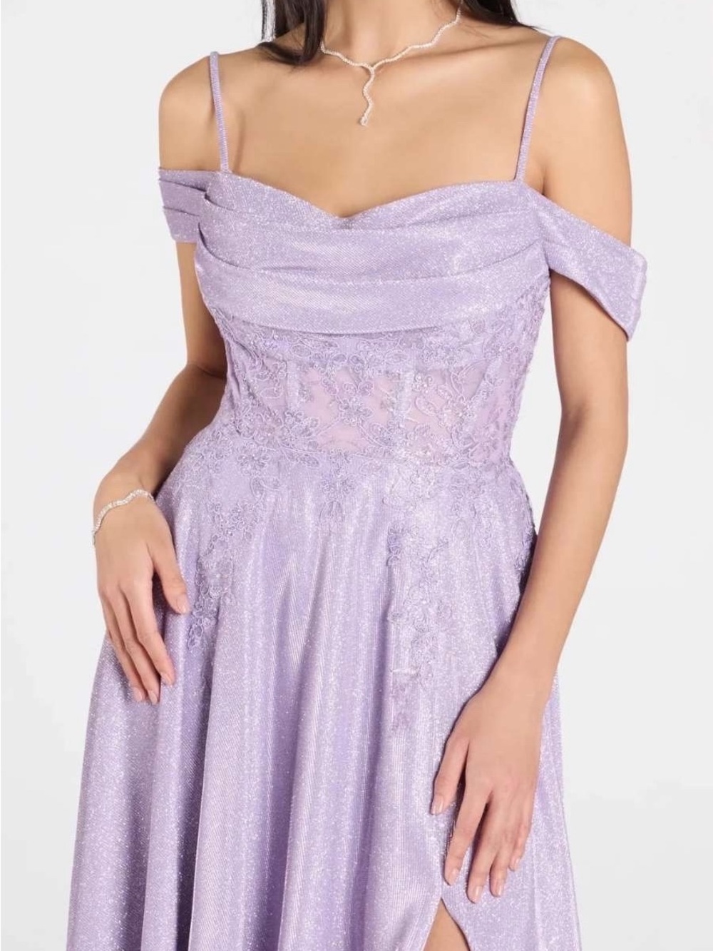Windsor Lilac Off-Shoulder Glitter Lace Prom Dress
